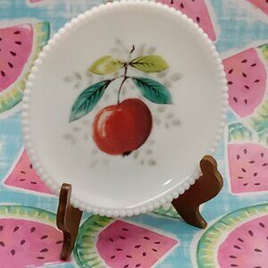 White Milk Glass Red APPLE Beaded Plate 7 in Cherry? MCM Decor Vtg Handpainted